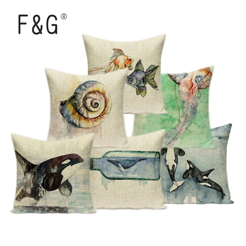 Фото Декоративная подушка из хлопка с рисунком морских растений животных | Дом и сад
