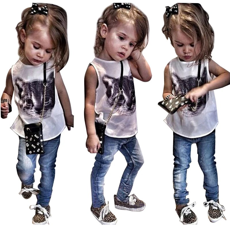 Summer Girls Clothing Sets Printed Cat Sleeveless Tops + Denim Pants 2pcs Baby Girls Set 1-7 Years Kids Clothes Children Suit
Summer Girls Clothing Sets Printed Cat Sleeveless Tops + Denim Pants 2pcs Baby Girls Set 1-7 Years Kids Clothes Children Suit