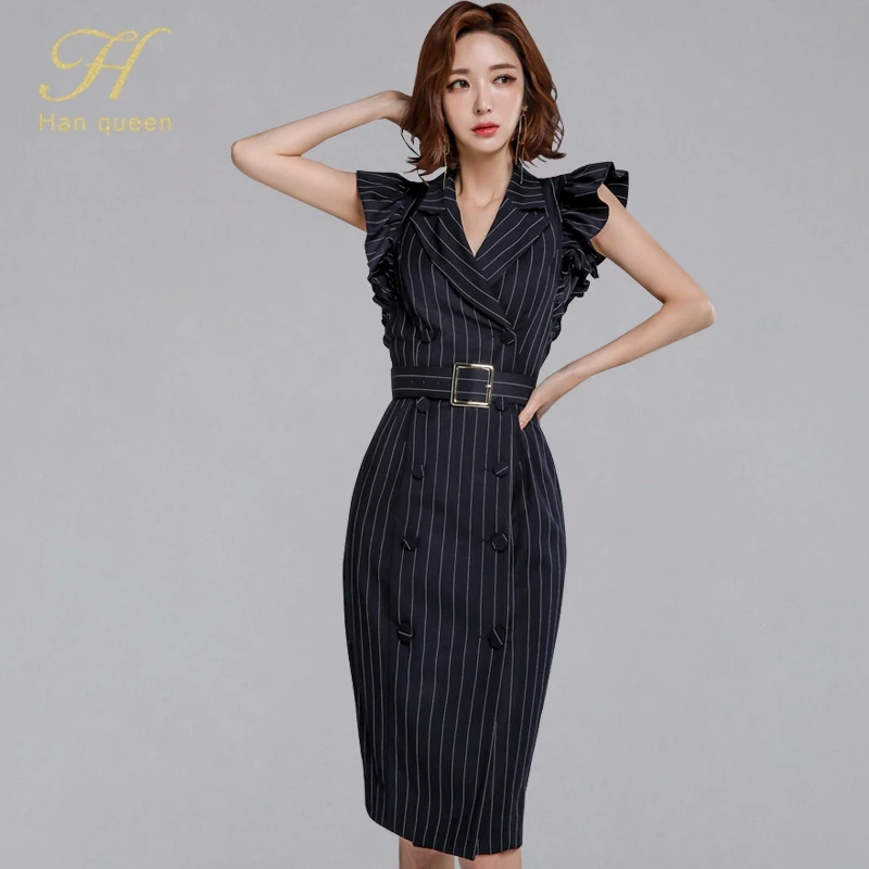 H Han Queen Womens Stripes Office Summer Sexy Dress Ruffle Double Breasts Sheath Bodycon Pencil Business Vestido Drop Shipping
H Han Queen Womens Stripes Office Summer Sexy Dress Ruffle Double Breasts Sheath Bodycon Pencil Business Vestido Drop Shipping
