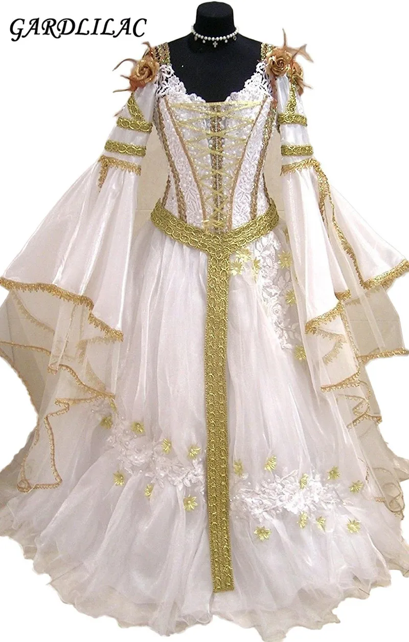 Dubai Muslim White Gold Medieval Wedding Dresses 2019 Long Flare Sleeves Organza Lace Appliques Bridal Gown Robe De Mariage
Dubai Muslim White Gold Medieval Wedding Dresses 2019 Long Flare Sleeves Organza Lace Appliques Bridal Gown Robe De Mariage