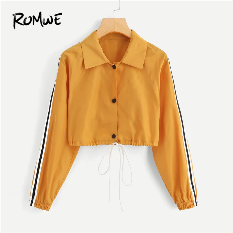 ROMWE Spring Striped Tape Side Drawstring Hem Jacket Women Yellow Short Coat Single Breasted Casual Outerwear Crop Jackets
ROMWE Spring Striped Tape Side Drawstring Hem Jacket Women Yellow Short Coat Single Breasted Casual Outerwear Crop Jackets