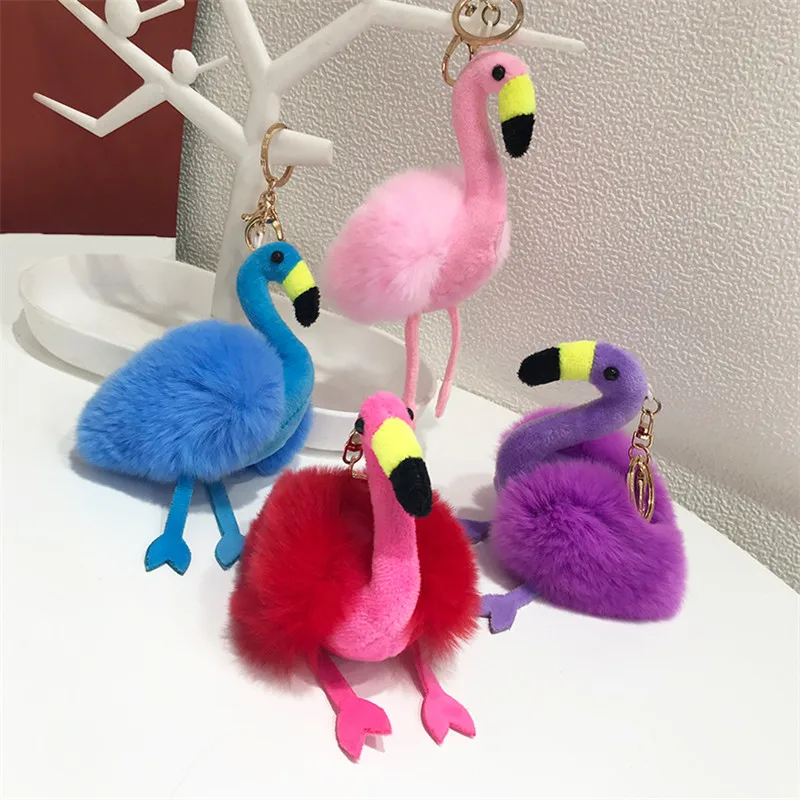 

2019 Cute Pompom Keychains Flamingo Keychain Fluffy Real Rabbit Fur Ball Women fashion Bag Key Ring Pompon car pendant gifts