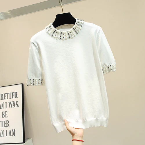 Ice Silk Knitted Tshirt Women Summer Thin Knitwear 2019 Korean Heavy Industry Beads Black and White Short Sleeves Loose T-shirt
Ice Silk Knitted Tshirt Women Summer Thin Knitwear 2019 Korean Heavy Industry Beads Black and White Short Sleeves Loose T-shirt