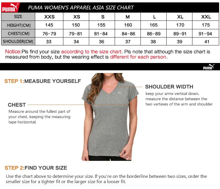 puma women's clothing size chart