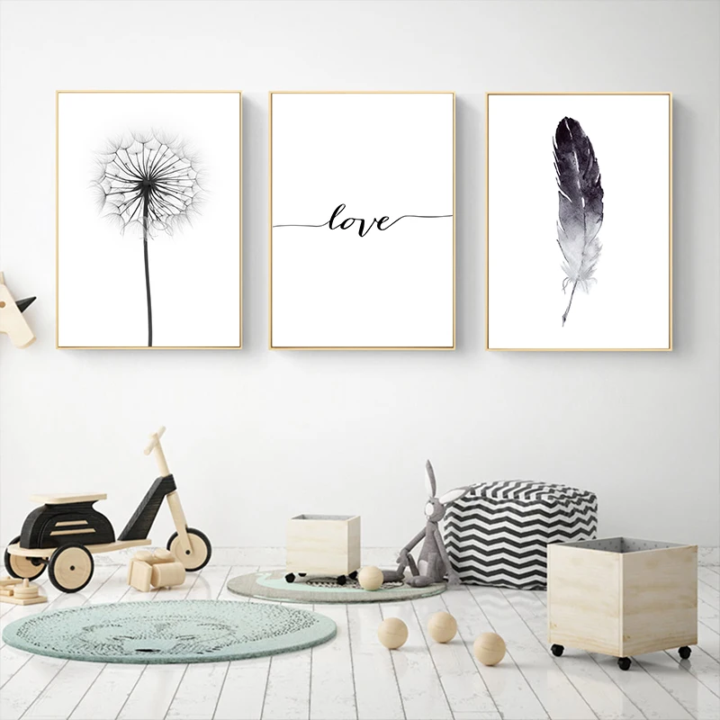 Black-and-White-Dandelion-Feathers-Poster-and-Print-Letter-Love-Wall-Art-Canvas-Painting-Home-Picture (1)