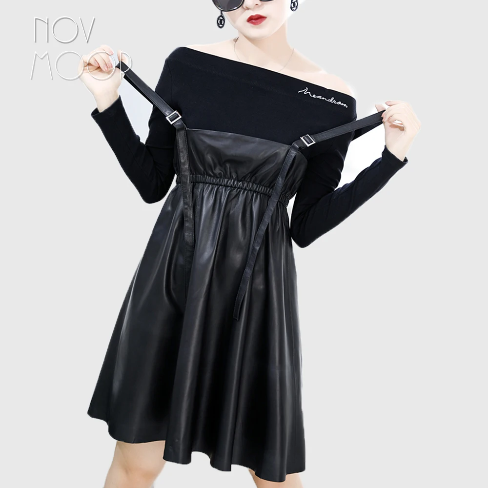 2018 New autumn spring women black genuine leather real lambskin adjustable strap pinafore flare A-line dress jurken robe LT2587
2018 New autumn spring women black genuine leather real lambskin adjustable strap pinafore flare A-line dress jurken robe LT2587