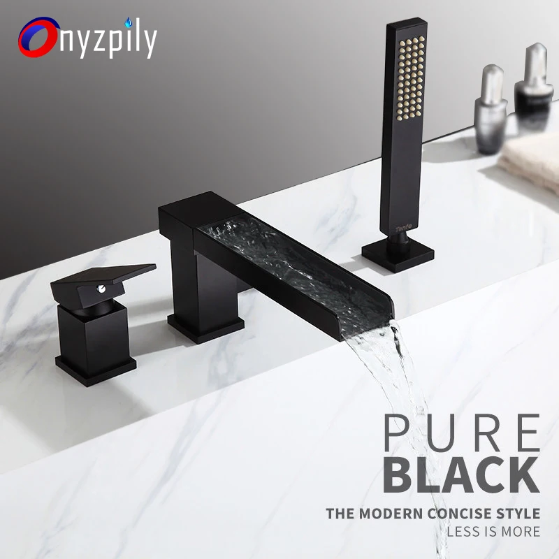 

Onyzpily Bathtub Faucet 3PCS Waterfall Single Handle Deck Mount Handheld Tub Mixer Taps Black ORB Widespread Tub Sink Tap