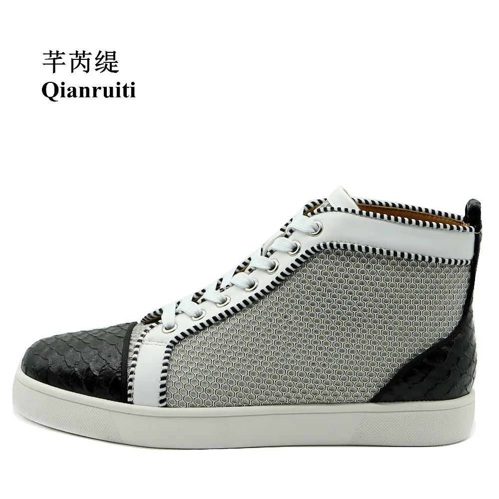 

Qianruiti/мужские кроссовки из кожи аллигатора; высокие дышащие ботильоны на плоской подошве со шнуровкой в стиле пэчворк; Zapatillas Hombre EU39-EU47