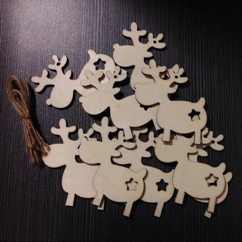 DIY 10Pcs Christmas Wooden MDF Reindeers Star Blanks Tree Hanging Ornament Tags