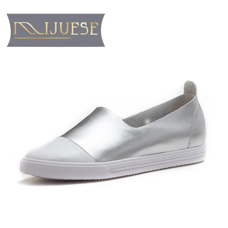 MLJUESE 2018 women flats silver color cow leather slip on Pigskin round toe spring comfortable loafers shoes | Обувь