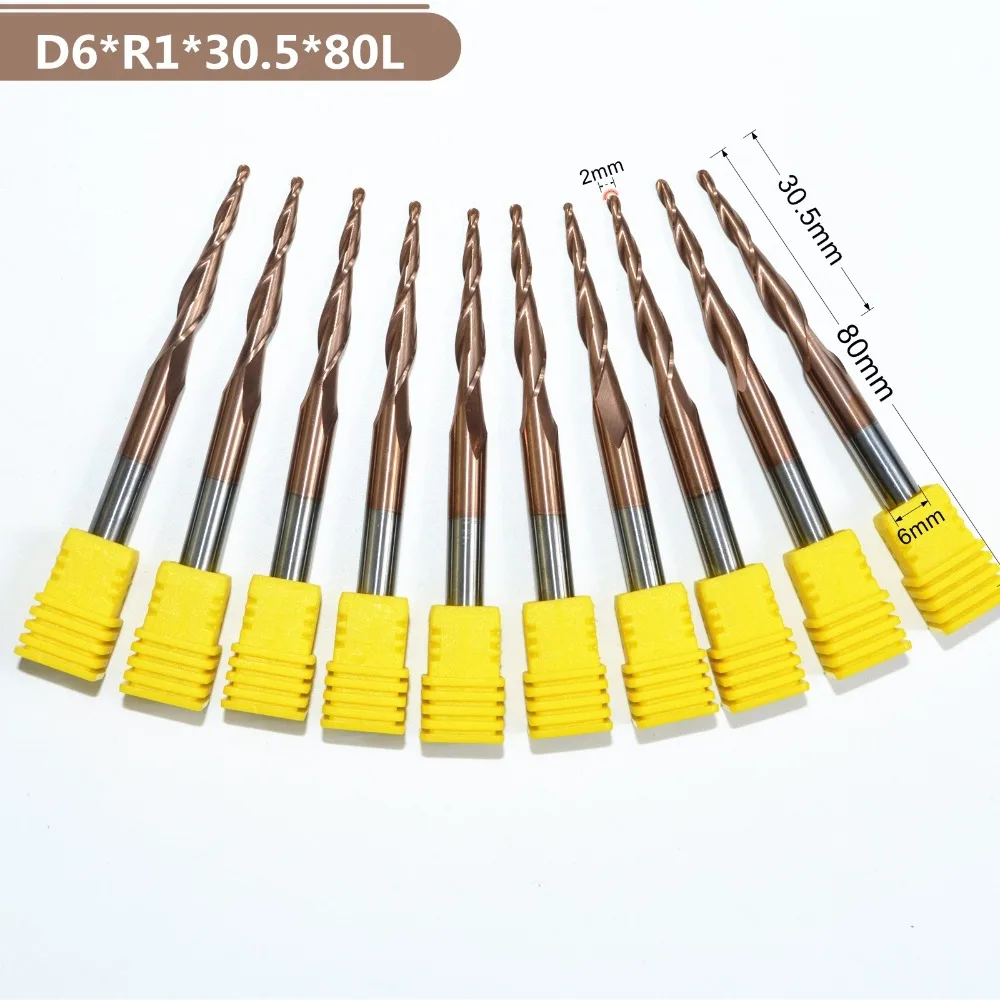 6mm*R1*30.5*80L-CNC solid carbide 6mm TiN Coated Tapered Ball Nose End Mill,cone milling cutter,spherical woodworking router bit
6mm*R1*30.5*80L-CNC solid carbide 6mm TiN Coated Tapered Ball Nose End Mill,cone milling cutter,spherical woodworking router bit