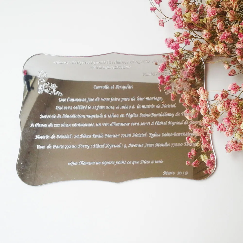 Image Silver mirror scroll shape acrylic wedding invitation card 120*170mm (1lot=100pcs)