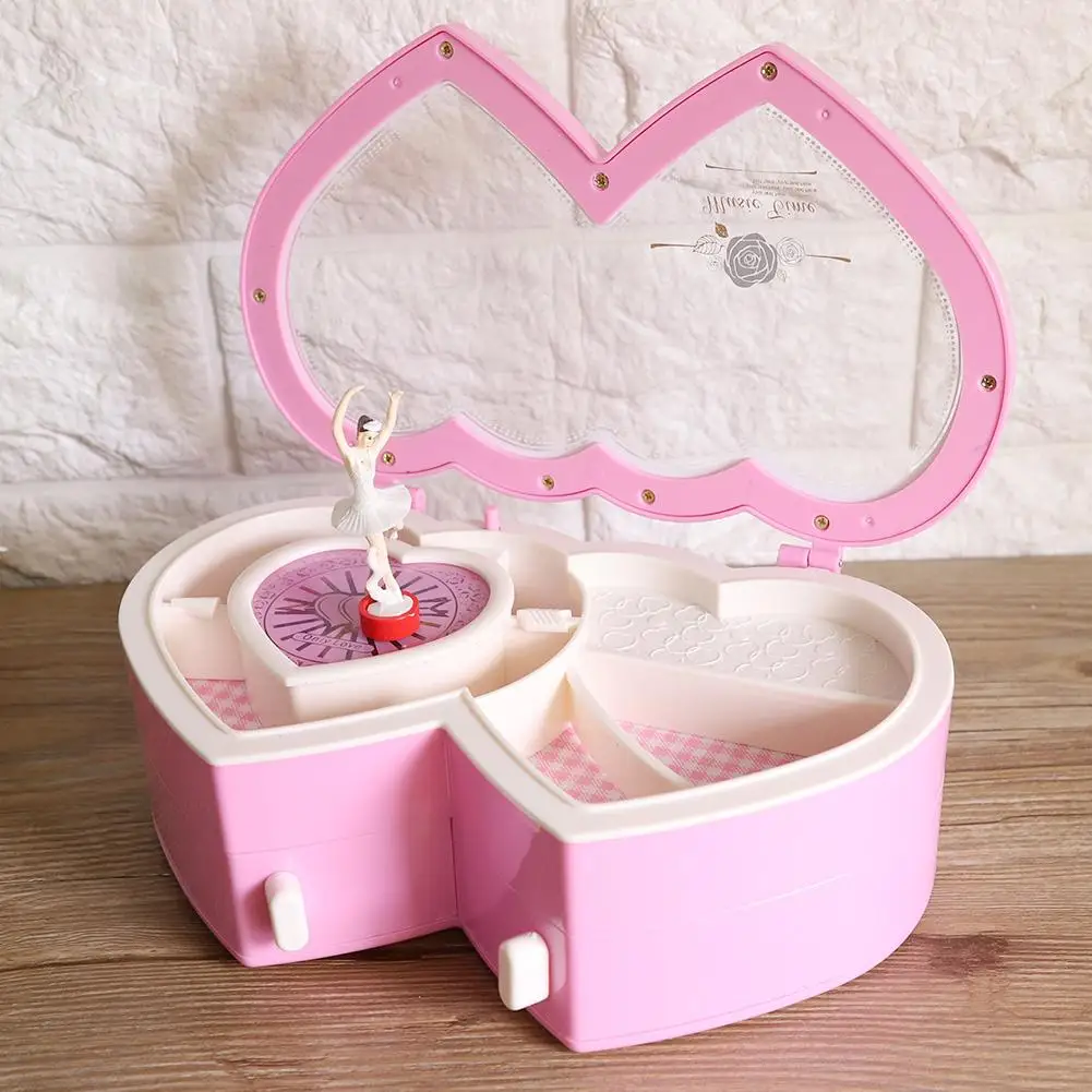 Double Heart Ballerina Musical Jewelry Box Storage Case for Little Girls Pink Kids Musical Box
