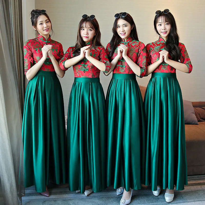 Фото Chinese Bridesmaid Erect Sisters Dress Green Wedding Qipao Cheongsam Vintage Oriental Dresses Long Evening Gowns Women  | Отзывы и видеообзор (32963179936)