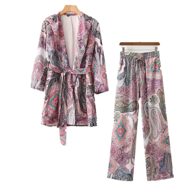 newpiece set women Suit female 2019 ethnic style lazy pajamas wind holiday clothing jacket + high waist wide leg pants suit | Женская