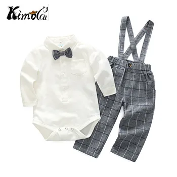 

Kimocat The spring New England gentleman boy's boy's suit with long sleeves and a pair of khaki shirt checked suspenders 2 piece