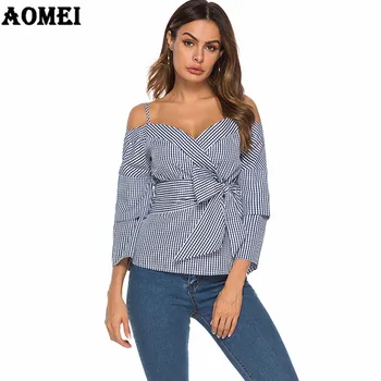 

Sexy Gingham Women Cold Shoulder Blouse 2020 Spring New Peplum Tops Fashion Plaid Spaghetti Strap Bowtie Waist Belt Blusa Shirt