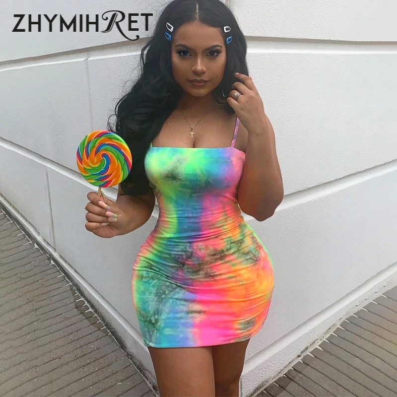 

ZHYMIHRET Tie Dye Women Mini Dress Spaghetti Strap Robe Femme Ete 2019 Summer Vestido Mujer Party Night Sexy Bodycon Dress