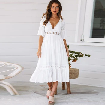 Elegant Flare Sleeves V Neck Womens White Lace Dress A-line Skater Hollow out Vestidos Wedding Party Summer Puffy Swing Dress
Elegant Flare Sleeves V Neck Womens White Lace Dress A-line Skater Hollow out Vestidos Wedding Party Summer Puffy Swing Dress