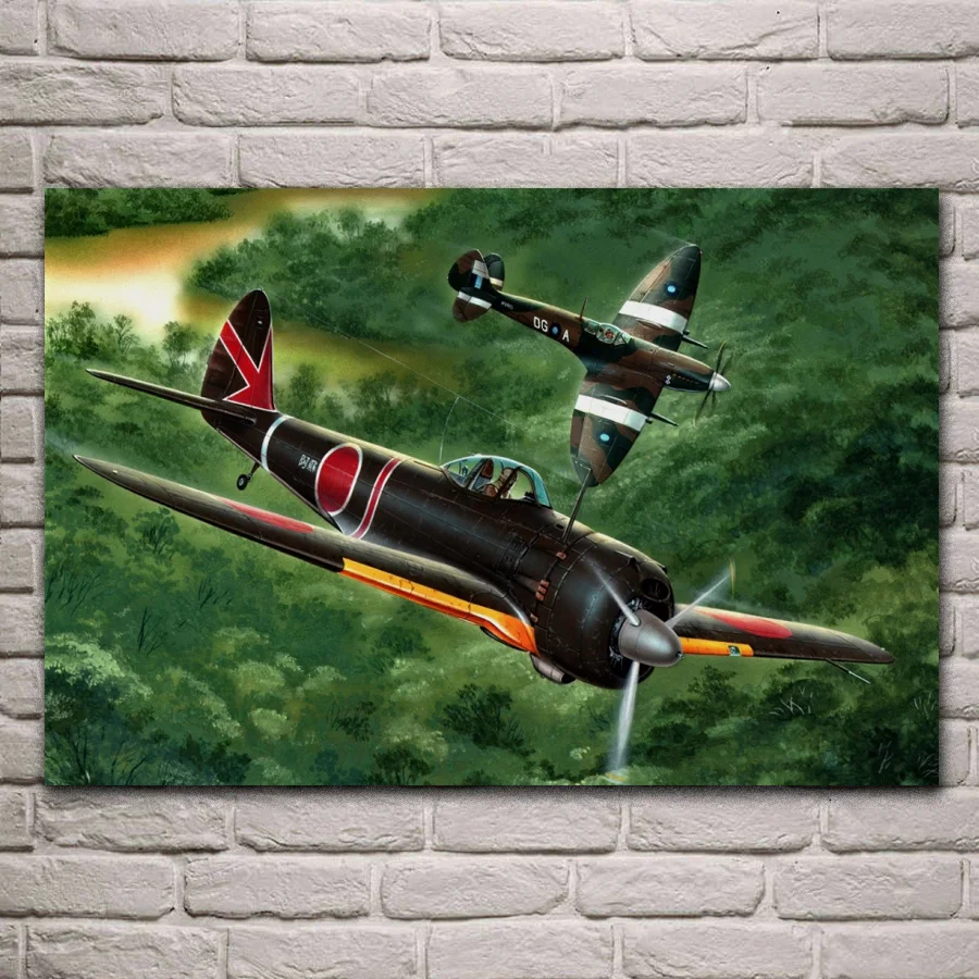 retro aircraft fantasy Ki 43 III Ko Spitfire Mk.VIII living room home wall art decor wood frame fabric posters MC675 | Дом и сад