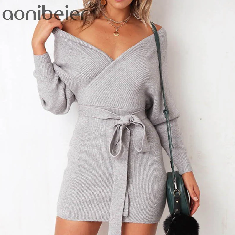 Aonibeier Spring Autumn Women Knit Mini Dress Long Sleeve V Neck High Waist Dress Wrap Front Ladies Bodycon Dress with Sashes
Aonibeier Spring Autumn Women Knit Mini Dress Long Sleeve V Neck High Waist Dress Wrap Front Ladies Bodycon Dress with Sashes