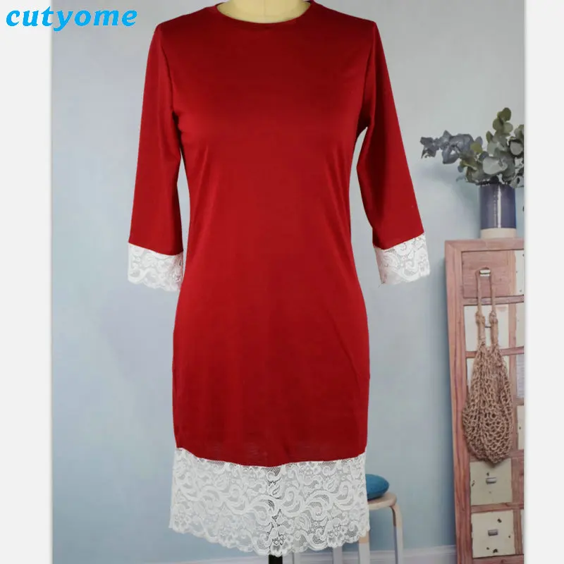 Mommy And Me Family Matching Dress Outfits Lace Patchwork Autumn Christmas Clothes Women Girls Red Wedding Dresses Clothing (1)