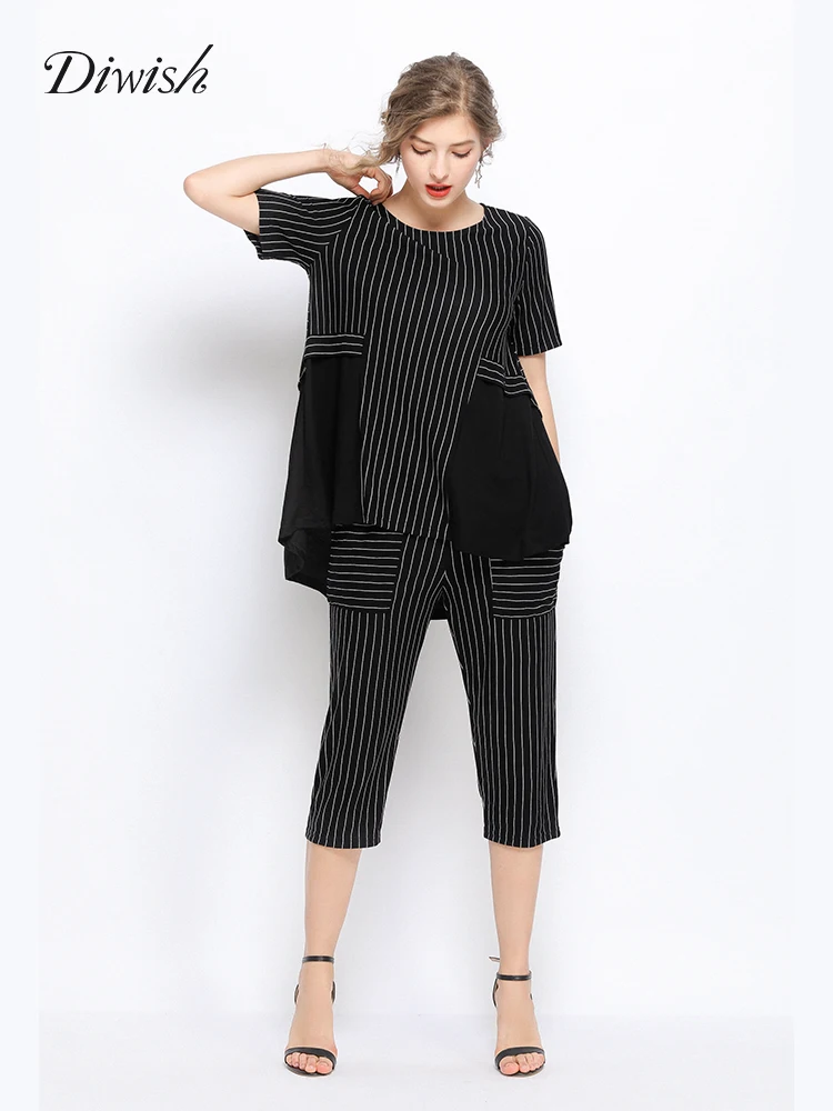 Фото Diwish Summer Women Two Piece Set Casual black Striped Short Sleeve T-shirt Tops + Calf-Length Pants Suit Female Plus Size | Женская