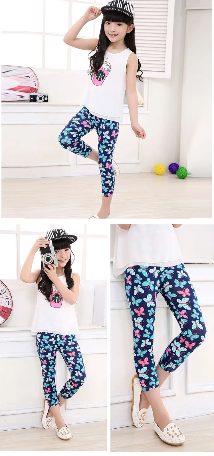 3-10years Girls Cropped Trousers Floral Print Flower Kids Calf Length Skinny Pants Stretch Leggings Children All-matches Bottoms