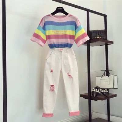 Korean style 2019 Summer Fashion Women's Short Sleeves Coloful Stripe T-shirt + Hole Pants two-piece Sets Female Suits A1645
Korean style 2019 Summer Fashion Women's Short Sleeves Coloful Stripe T-shirt + Hole Pants two-piece Sets Female Suits A1645