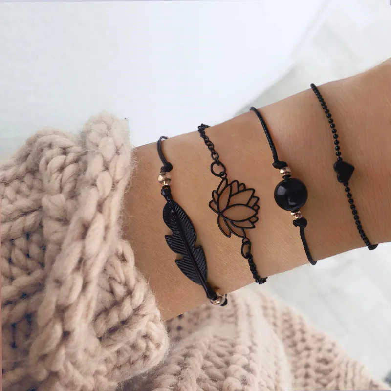 Bohemian Black Beads Bracelets Bangles For Women Lotus Leaves Heart Black Color Chain Bracelets Sets Jewelry
Bohemian Black Beads Bracelets Bangles For Women Lotus Leaves Heart Black Color Chain Bracelets Sets Jewelry