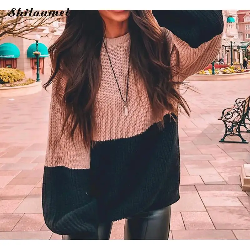 2019 Fashion Women Sweater Long Lantern Sleeve Contrast Color Knitted Pullover Loose Casual Jumper Oversize Sweater Pull Femme
2019 Fashion Women Sweater Long Lantern Sleeve Contrast Color Knitted Pullover Loose Casual Jumper Oversize Sweater Pull Femme