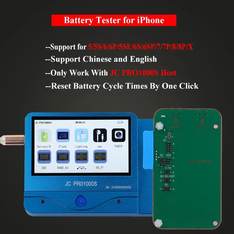 JC Pro1000S Phone Battery Tester For iPhone X 8 8P 7 7P 6 6P 6S 6SP 5 5S Battery Checker Reset Battery Cycle Times
JC Pro1000S Phone Battery Tester For iPhone X 8 8P 7 7P 6 6P 6S 6SP 5 5S Battery Checker Reset Battery Cycle Times
