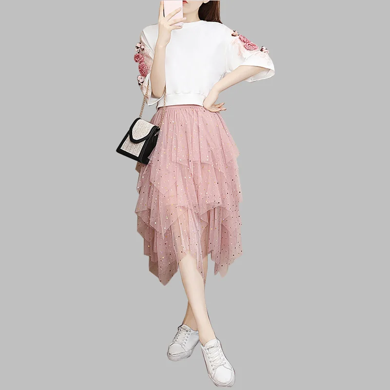 High Quality Summer Women Sweet Flower Embroidery Beaded Cotton Short Tops+ Star Sequined Irregular Mesh Skirt 2 Piece Set
High Quality Summer Women Sweet Flower Embroidery Beaded Cotton Short Tops+ Star Sequined Irregular Mesh Skirt 2 Piece Set