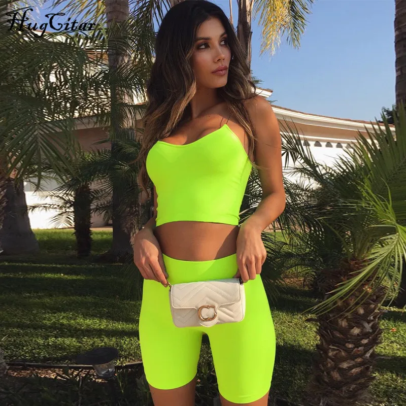 

Hugcitar spaghetti straps camis shorts 2 pieces neon green sets 2019 summer women new arrival casual crop tops solid sets