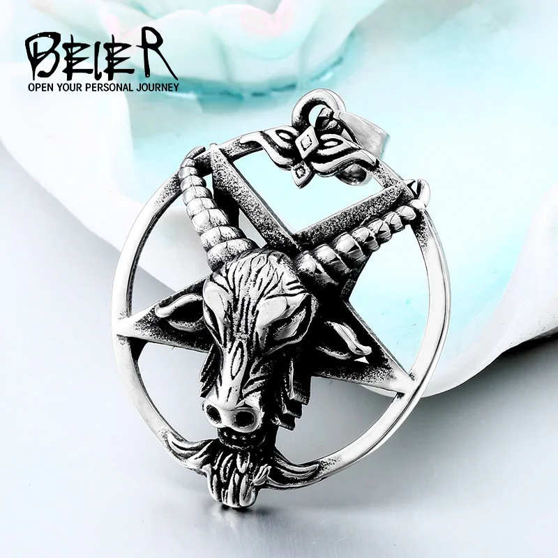 

BEIER Stainless steel Pentagram Pan God Skull Goat Head Pendant Necklace Luck Satanism Occult Metal Vintage Star for Man BP8-342