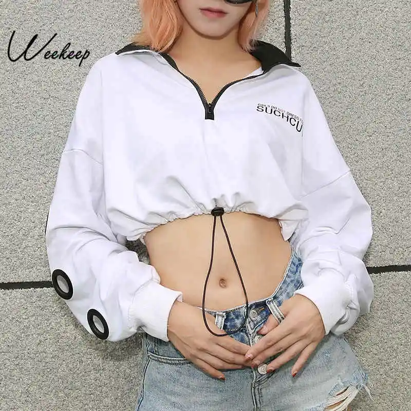 Weekeep Women White Cropped Turn-down Collar Hoodies Letter Print Hollow Out Sweatshirt Womens Fashion Streetwear Hoodie Tops
Weekeep Women White Cropped Turn-down Collar Hoodies Letter Print Hollow Out Sweatshirt Womens Fashion Streetwear Hoodie Tops