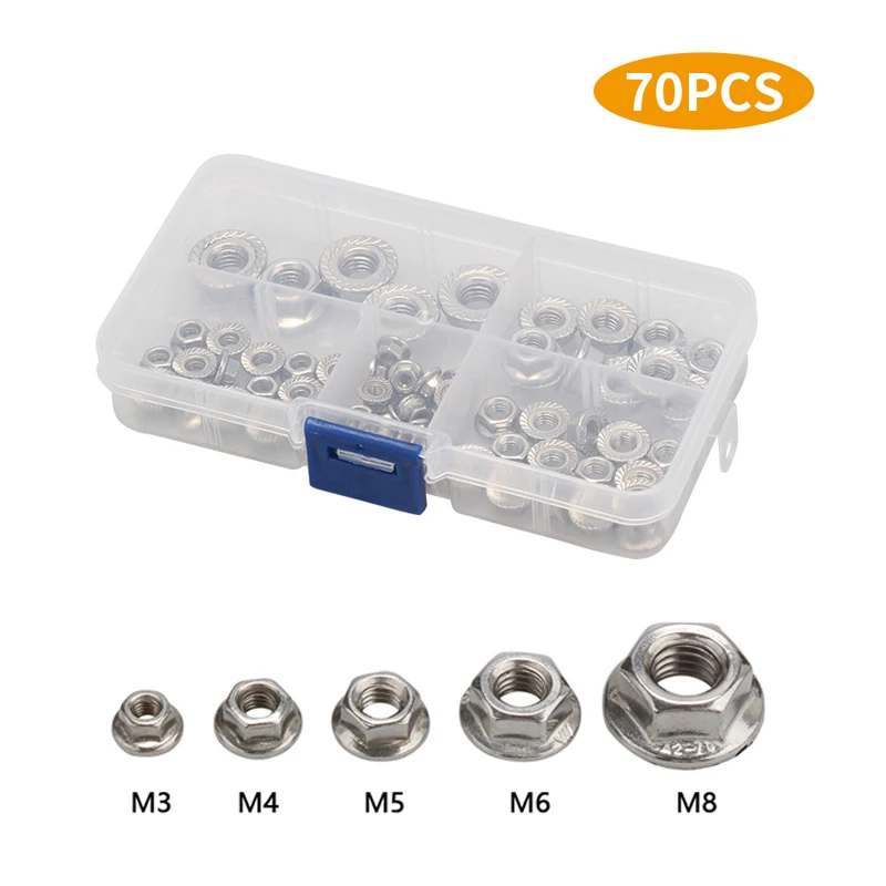 70Pcs M3 M4 M5 M6 M8 DIN6923 304 Stainless Steel Hexagon Flange Nuts Slip Locking Nut Assortment Kit With Case
70Pcs M3 M4 M5 M6 M8 DIN6923 304 Stainless Steel Hexagon Flange Nuts Slip Locking Nut Assortment Kit With Case