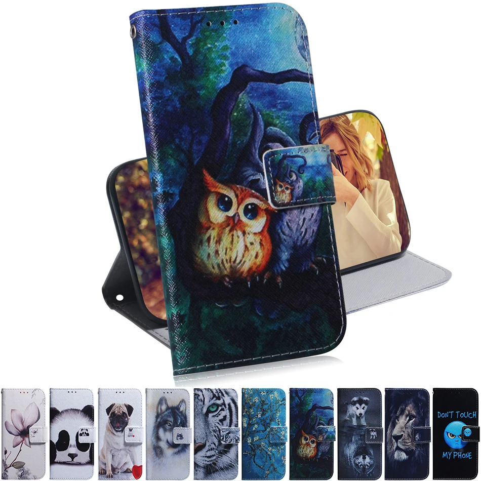 

Owl Flip PU Leather + Wallet Cover For Huawei Y6 2019 Y7 P30 lite P9 Lite 2016 P8 Mini Honor View 20 V20 Nova 3 4E 8C 8X 8a Case