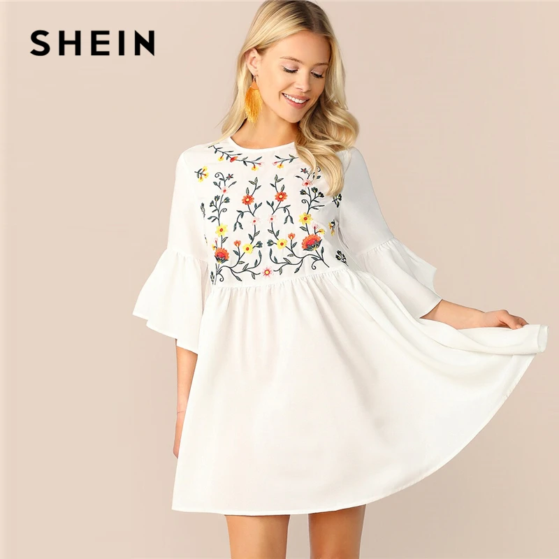 

SHEIN Embroidered Floral Flounce Sleeve Smock Dress Boho A Line Women Flared Cute Dresses White High Waist Summer Dresses