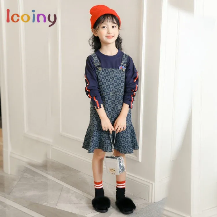 Girls Clothing Set Long Sleeve t shirt+ sling dress Kids Tee sets Girl cotton tops+ fishtail Skirt Braces Suits | Детская одежда и
