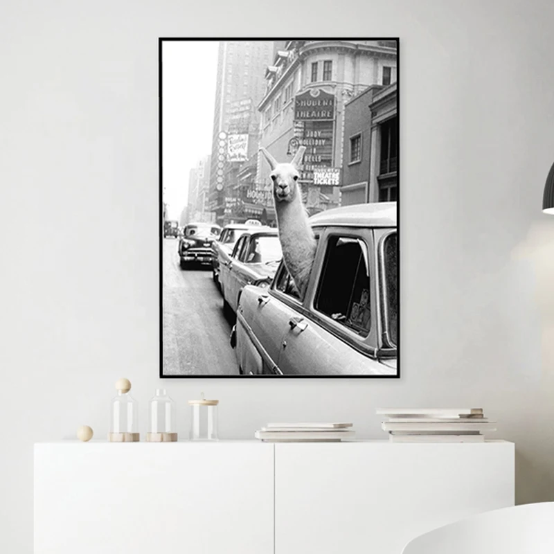 Black and White Alpaca in Taxi New York City Canvas Paintings Retro Poster and Print Wall Art Pop Pictures for Living Room Decor
Black and White Alpaca in Taxi New York City Canvas Paintings Retro Poster and Print Wall Art Pop Pictures for Living Room Decor