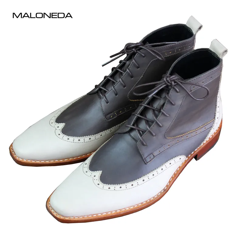 

MALONEDE Bespoke Handmade Mixed Color Italian Brogue Style Genuine Cow Leather Lace Up Short Boots With Goodyear Welted For Male