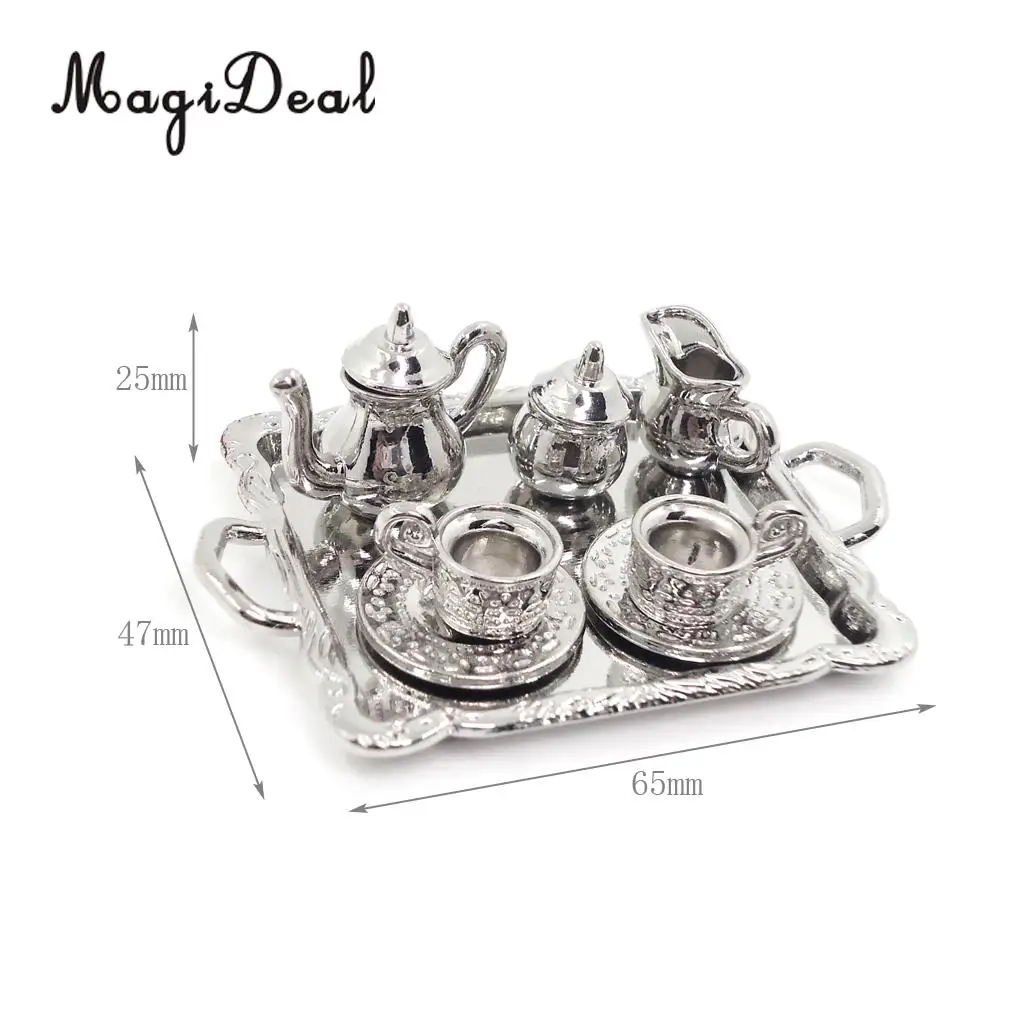 10Pcs Silver Alloy Tea Lid Pot Cups Tray Set for 1:12 Dollhouse Miniature Doll Home House Model Furniture Decor Accs