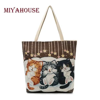 

Miyahouse Cute Cats Print Canvas Shoulder Bag Women Large Capacity Embroidery Handbag Female Shopping Bag Summer Beach Bag Lady