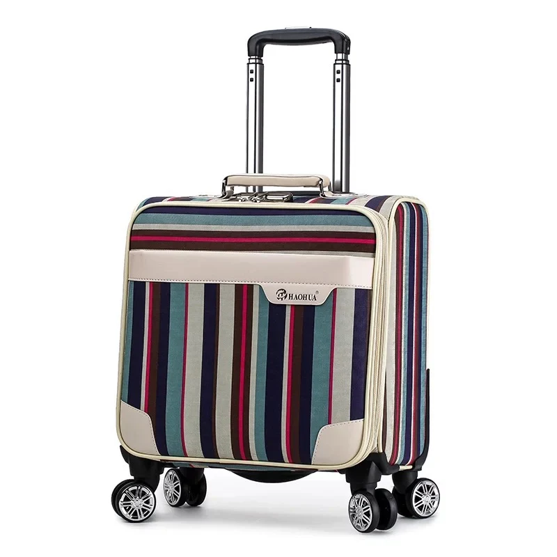 

New Women Retro stripe 18 inch PU Rolling Luggage mala Spinner brand Colorful Trolley Suitcase vs lovely Travel bag Luggage bag