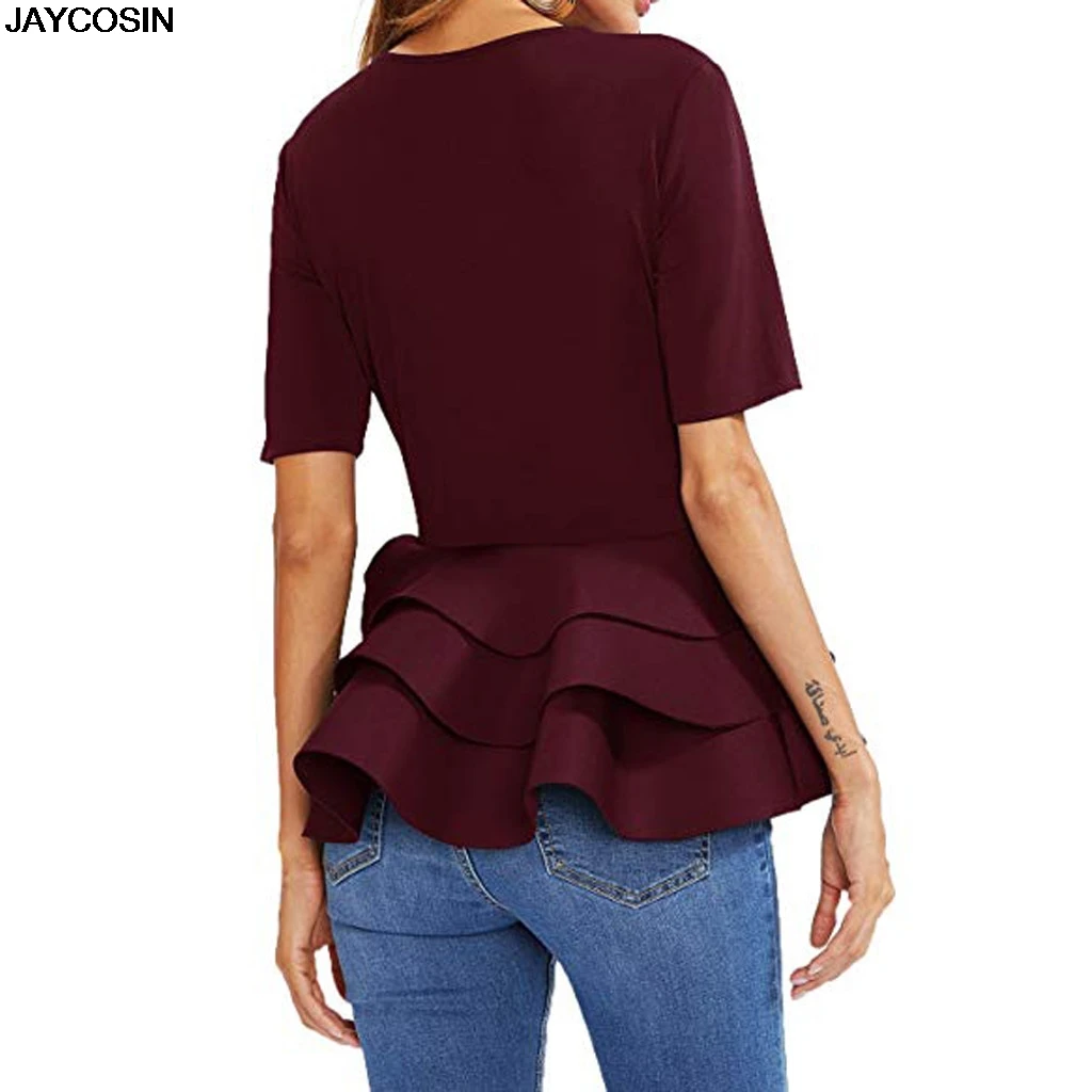 

JAYCOSIN Women Short Sleeve Vintage Layered Ruffle Hem Fit Solid Peplum Shirt Top Casual Polyester O-Neck Female Tops 20190222