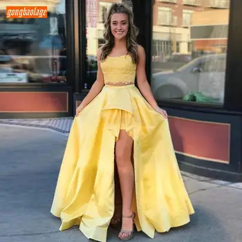 Fashion Two Pieces Yellow Prom Dresses Long Scoop Lace Top Satin A Line Side Split Prom Gowns Floor Length Formal Dress Evening
Fashion Two Pieces Yellow Prom Dresses Long Scoop Lace Top Satin A Line Side Split Prom Gowns Floor Length Formal Dress Evening