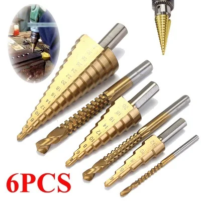 6pcs Titanium Coated Step Drill Bits Set 4-32mm HSS Drill Bit With Hole Grooving Drill Saw Carpenter Woodworking Tools
6pcs Titanium Coated Step Drill Bits Set 4-32mm HSS Drill Bit With Hole Grooving Drill Saw Carpenter Woodworking Tools