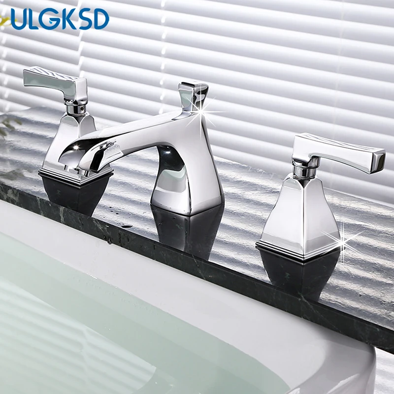 

ULGKSD Chrome Basin Faucet Dual Handle Deck Mount Chrome Brass Hot and Cold Water Mixer Tap Para Bathroom Sink