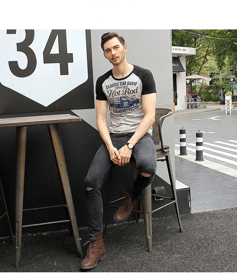 2018 Summer Retro British Style Letter Truck Printing Men's T-Shirt Round Neck Raglan Sleeves Nostalgic Short-Sleeved T-Shirt (5)